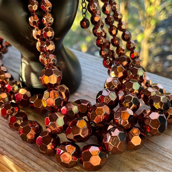 Vintage Bronze Faceted Beaded Acrylic Four Strand Tiered Necklace